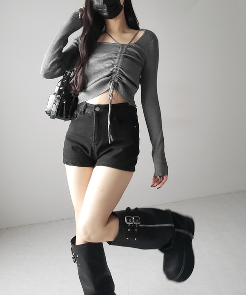 me+em select(ミームセレクト)の「【 3color 】ダブルストラップシャーリングリボンリブニットトップス / double strap shirring ribbon ribbed knit tops(ニット/セーター・レディース・ホワイト/ブラック/グレー・FREE)」の16枚目の写真