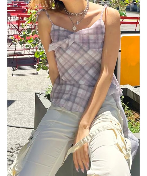 EVRIS（エヴリス）の「チェックシフォントップス（キャミソール・レディース・イエロー/ピンク/ブルー・FREE）」の4枚目の写真