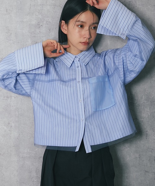 ストライプ柄 ショート丈 長袖 シャツシャツ ブラウス へそ出し 柄シャツ シンプル 可愛い ショート丈 クロップ丈 おしゃれ ゆったり 総柄 長袖シャツ リフ Riff チェック柄ショート丈シャツ クロップド丈 ゆるシャツ