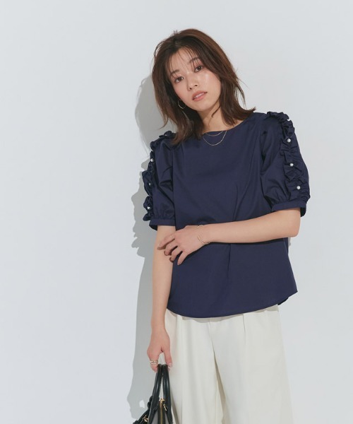 Pierrot（ピエロ）の「袖パールデザインフリルトップス（Tシャツ/カットソー・レディース・オフホワイト/ネイビー・M/L）」の9枚目の写真