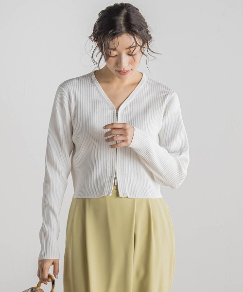 Droite lautreamont(ドロワットロートレアモン)の「ダブルZIP Vカーデ≪手洗い可能≫(カーディガン/ボレロ・レディース・ネイビー/オフホワイト/ピンク・M)」の4枚目の写真