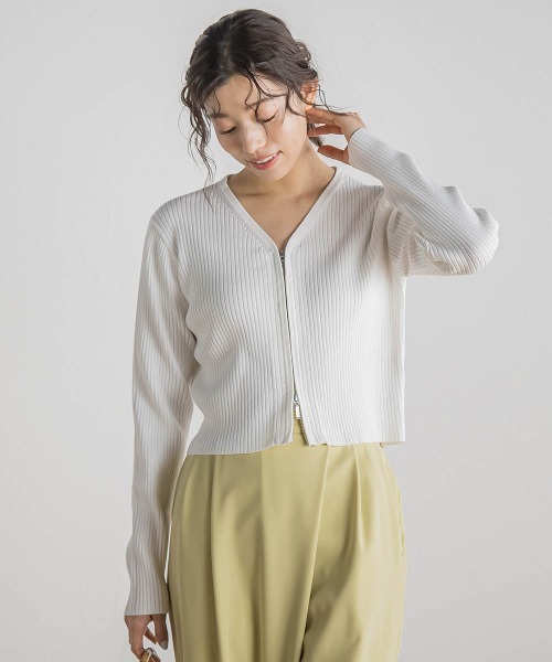 Droite lautreamont(ドロワットロートレアモン)の「ダブルZIP Vカーデ≪手洗い可能≫(カーディガン/ボレロ・レディース・ネイビー/オフホワイト/ピンク・M)」の5枚目の写真
