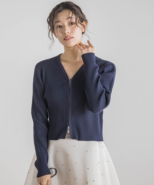 Droite lautreamont(ドロワットロートレアモン)の「ダブルZIP Vカーデ≪手洗い可能≫(カーディガン/ボレロ・レディース・ネイビー/オフホワイト/ピンク・M)」の17枚目の写真