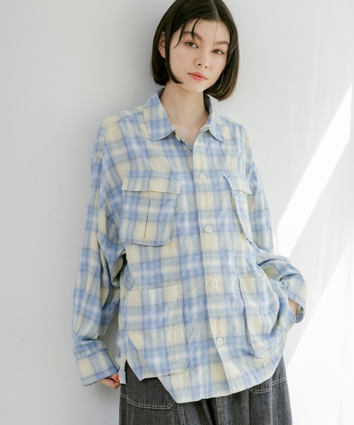 niko and...(ニコアンド)の「ミリタリーシアーチェックシャツ(シャツ/ブラウス・レディース・ピンク/ネイビー/オフホワイト/イエロー・FREE)」の3枚目の写真