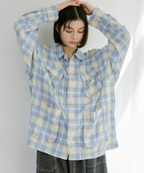niko and...(ニコアンド)の「ミリタリーシアーチェックシャツ(シャツ/ブラウス・レディース・ピンク/ネイビー/オフホワイト/イエロー・FREE)」の8枚目の写真