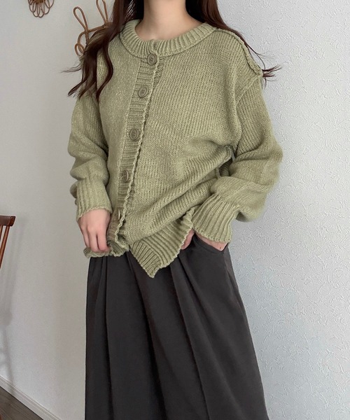 Cham.(チャム)の「アウトリンキングニットカーディガン(カーディガン/ボレロ・レディース・グリーン/ナチュラル・F)」の2枚目の写真