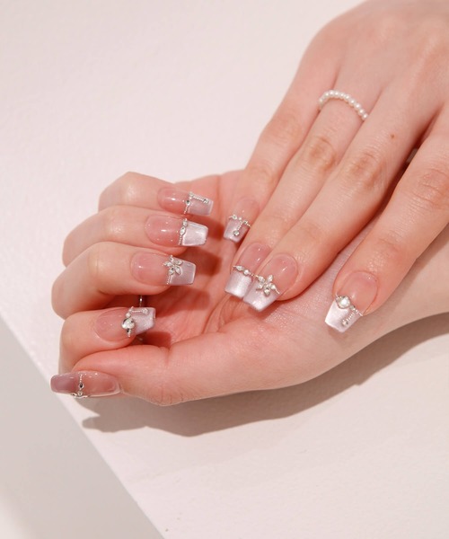 セール】3D水光ネイルピンクマグネットフレンチフラワーシルバー