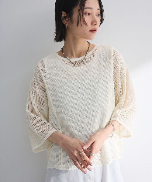 Green Parks(グリーンパークス)の「七分袖コットンメッシュラグラントップス(Tシャツ/カットソー・レディース・オレンジ/カーキ/オフホワイト/グレー・FREE)」の2枚目の写真
