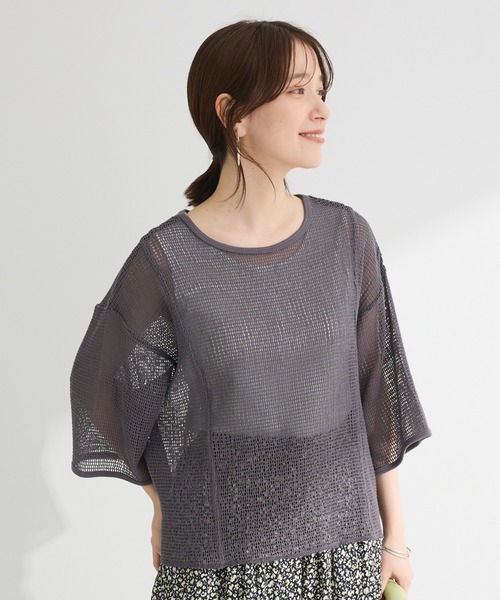 Green Parks(グリーンパークス)の「七分袖コットンメッシュラグラントップス(Tシャツ/カットソー・レディース・オレンジ/カーキ/オフホワイト/グレー・FREE)」の3枚目の写真