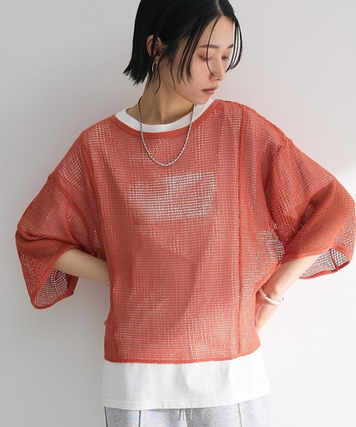 Green Parks(グリーンパークス)の「七分袖コットンメッシュラグラントップス(Tシャツ/カットソー・レディース・オレンジ/カーキ/オフホワイト/グレー・FREE)」の1枚目の写真