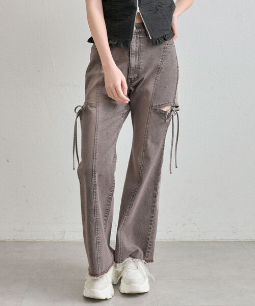OLIVE des OLIVE サイドスリットストレッチ デニムパンツ S S/M/Lサイズ展開/美脚効果】サイドスリットストレッチデニム