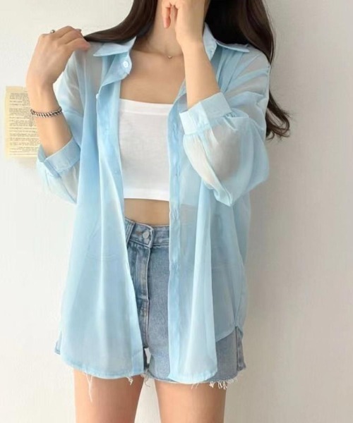 maison de LATIR(メゾンドラティール)の「ボリューム袖が華やぐ透け感シアーシャツ レイヤードも楽しめる夏服イージーケア軽やかトップス(シャツ/ブラウス・レディース・ホワイト/ブラック/グレー/パープル/オレンジ/ブルー/ライトパープル/ピンク系その他・ONESIZE)」の11枚目の写真