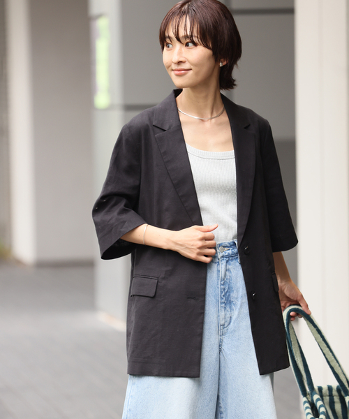 JOURNAL STANDARD relume（ジャーナルスタンダード　レリューム）の「《追加》リネンコットンハーフスリーブジャケット（テーラードジャケット・レディース・ブラック/カーキ・FREE）」の8枚目の写真
