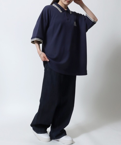 [SAINTPAIN]SPハートエンブレムロゴ ライン入りポロシャツ tシャツ 「85」ワンポイント ハート刺繍 ワッフル ライン入り