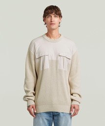 G-STAR | WOVEN MIX KNIT PULLOVER/異素材ミックスミリタリーディテールルーズコットンセーター(ニット/セーター)
