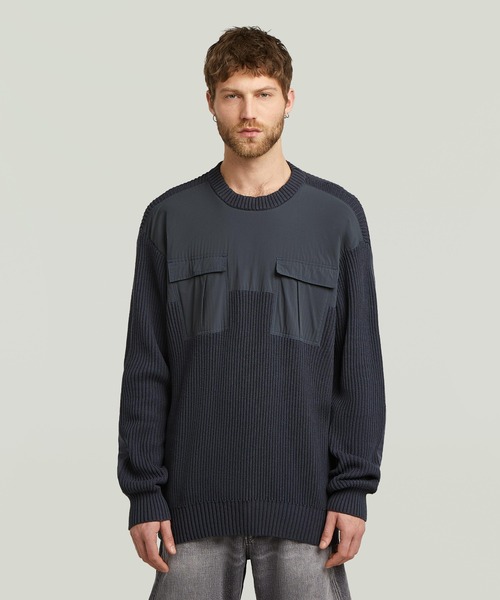 G-STAR（ジースター）の「WOVEN MIX KNIT PULLOVER/異素材ミックスミリタリーディテールルーズコットンセーター（ニット/セーター・メンズ・ブルー系その他/ホワイト系その他/ダークブラック・MEDIUM/SMALL/X-SMALL/LARGE/X-LARGE）」の3枚目の写真