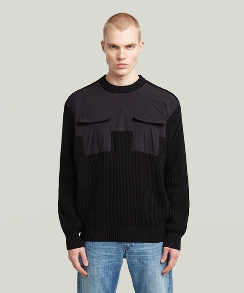 G-STAR（ジースター）の「WOVEN MIX KNIT PULLOVER/異素材ミックスミリタリーディテールルーズコットンセーター（ニット/セーター・メンズ・ブルー系その他/ホワイト系その他/ダークブラック・MEDIUM/SMALL/X-SMALL/LARGE/X-LARGE）」の2枚目の写真