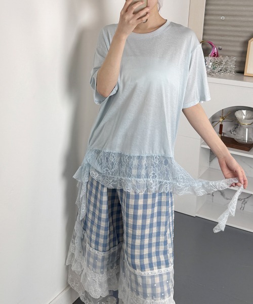 NANAHACHI(ナナハチ)の「アシンメトリーレース 半袖Tシャツ(Tシャツ/カットソー・レディース・ブルー/ホワイト/イエロー・FREE)」の3枚目の写真