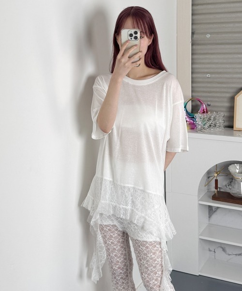 NANAHACHI(ナナハチ)の「アシンメトリーレース 半袖Tシャツ(Tシャツ/カットソー・レディース・ブルー/ホワイト/イエロー・FREE)」の5枚目の写真
