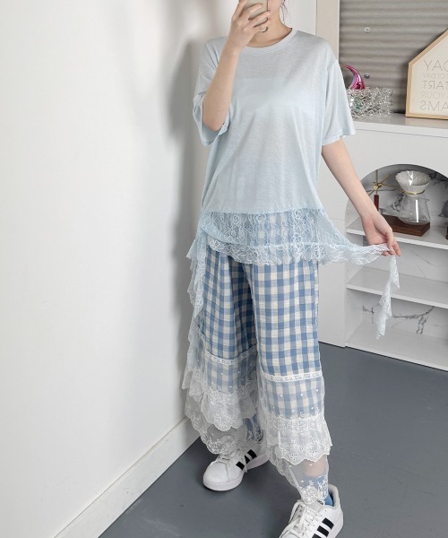 NANAHACHI(ナナハチ)の「アシンメトリーレース 半袖Tシャツ(Tシャツ/カットソー・レディース・ブルー/ホワイト/イエロー・FREE)」の11枚目の写真