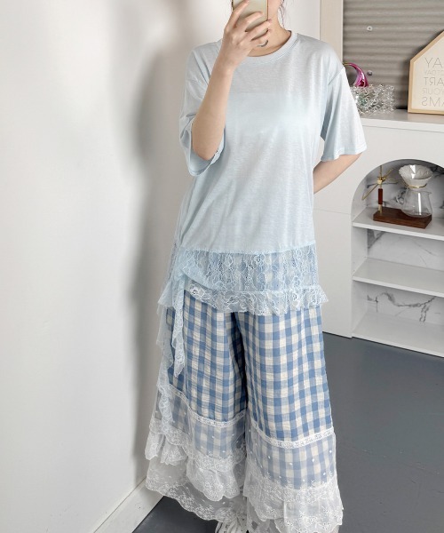NANAHACHI(ナナハチ)の「アシンメトリーレース 半袖Tシャツ(Tシャツ/カットソー・レディース・ブルー/ホワイト/イエロー・FREE)」の12枚目の写真