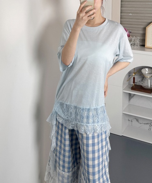 NANAHACHI(ナナハチ)の「アシンメトリーレース 半袖Tシャツ(Tシャツ/カットソー・レディース・ブルー/ホワイト/イエロー・FREE)」の13枚目の写真