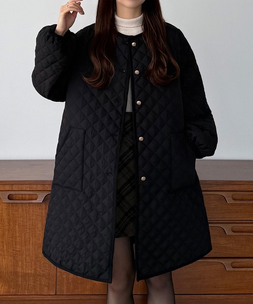 セール】金ボタンノーカラーキルティングコート（ノーカラーコート