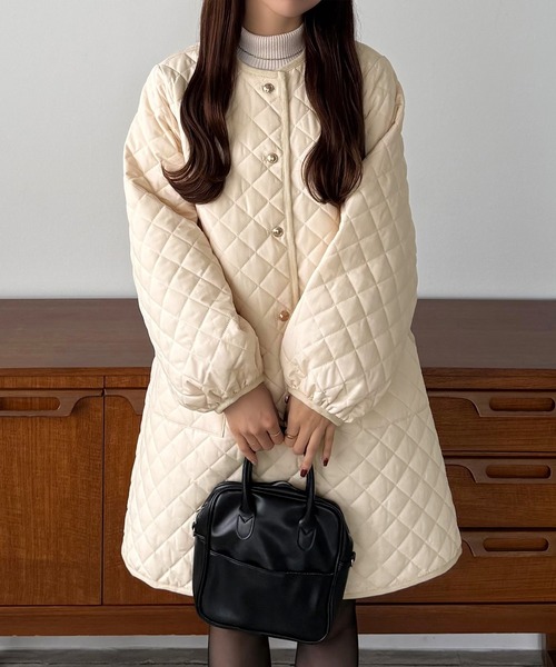 セール】金ボタンノーカラーキルティングコート（ノーカラーコート
