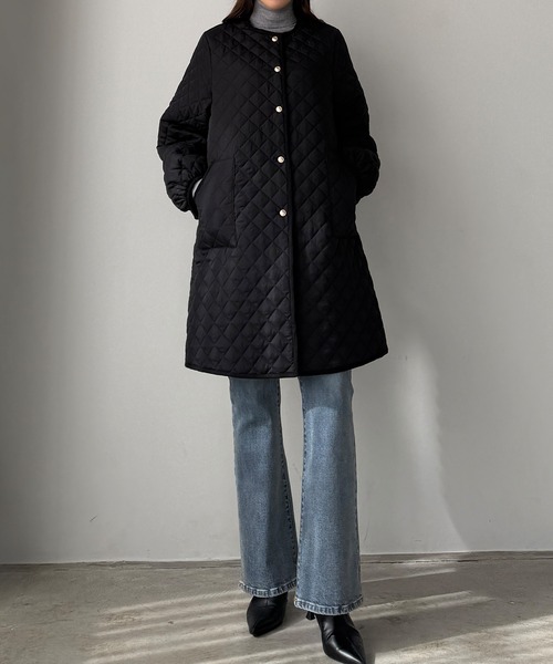 セール】金ボタンノーカラーキルティングコート（ノーカラーコート