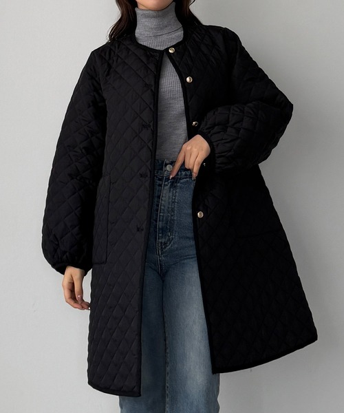 セール】金ボタンノーカラーキルティングコート（ノーカラーコート