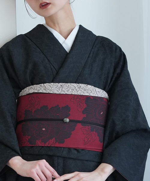 帯単品 小袋帯 utatane 博多織 長尺 正絹 牡丹 レッド×ブラック 日本製