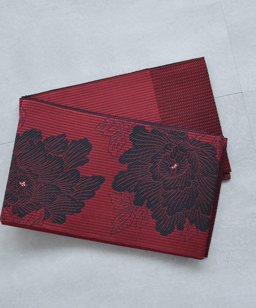 帯単品 小袋帯 utatane 博多織 長尺 正絹 牡丹 レッド×ブラック