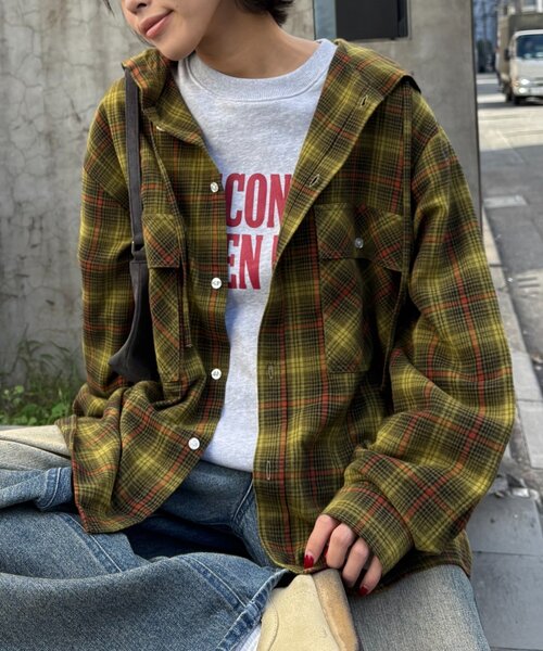CIAOPANIC TYPY（チャオパニックティピー）の「【アソート加工/ジャケット見え◎】【UNISEX】フード付きチェックシャツ（シャツ/ブラウス・レディース・ネイビー/グレー/イエロー/グリーン・MEDIUM/LARGE）」の6枚目の写真