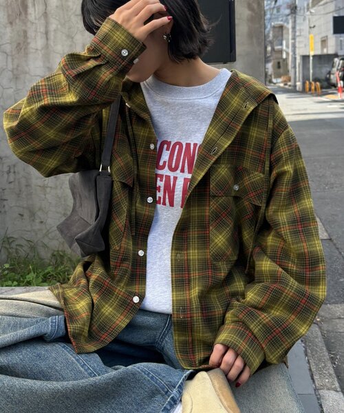 CIAOPANIC TYPY（チャオパニックティピー）の「【アソート加工/ジャケット見え◎】【UNISEX】フード付きチェックシャツ（シャツ/ブラウス・レディース・ネイビー/グレー/イエロー/グリーン・MEDIUM/LARGE）」の7枚目の写真