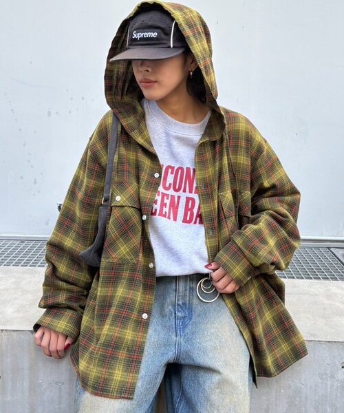 CIAOPANIC TYPY（チャオパニックティピー）の「【アソート加工/ジャケット見え◎】【UNISEX】フード付きチェックシャツ（シャツ/ブラウス・レディース・ネイビー/グレー/イエロー/グリーン・MEDIUM/LARGE）」の8枚目の写真