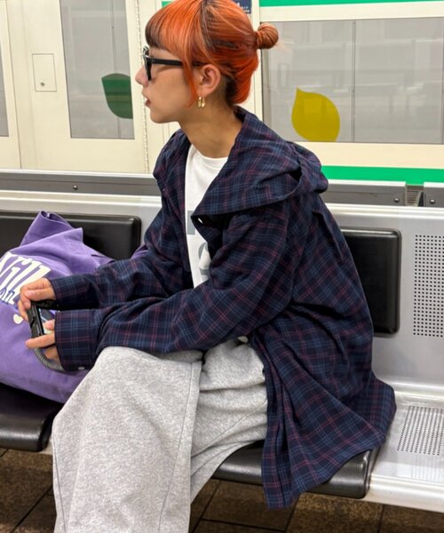 CIAOPANIC TYPY（チャオパニックティピー）の「【アソート加工/ジャケット見え◎】【UNISEX】フード付きチェックシャツ（シャツ/ブラウス・レディース・ネイビー/グレー/イエロー/グリーン・MEDIUM/LARGE）」の16枚目の写真
