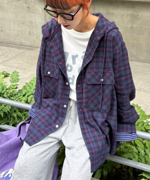 CIAOPANIC TYPY（チャオパニックティピー）の「【アソート加工/ジャケット見え◎】【UNISEX】フード付きチェックシャツ（シャツ/ブラウス・レディース・ネイビー/グレー/イエロー/グリーン・MEDIUM/LARGE）」の17枚目の写真