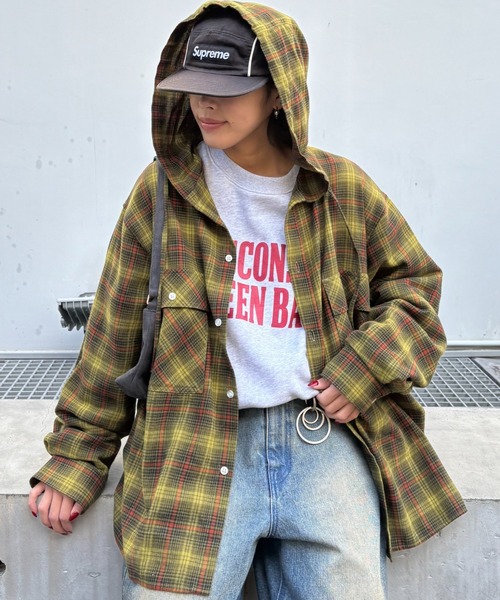 CIAOPANIC TYPY（チャオパニックティピー）の「【アソート加工/ジャケット見え◎】【UNISEX】フード付きチェックシャツ（シャツ/ブラウス・レディース・ネイビー/グレー/イエロー/グリーン・MEDIUM/LARGE）」の3枚目の写真