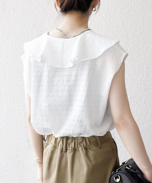 SHIPS any(シップス エニィ)の「SHIPS any:〈洗濯機可能〉シアー ジャージー ラッフル フレンチ カット ブラウス(Tシャツ/カットソー・レディース・ホワイト/ブラック・ONE SIZE)」の13枚目の写真