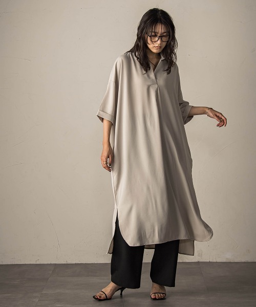 MAYSON GREY（メイソングレイ）の「【WEB限定】スキッパーチュニックワンピース≪洗濯機で洗える≫（ワンピース・レディース・ベージュ/チャコールグレー/ブラック・M）」の8枚目の写真