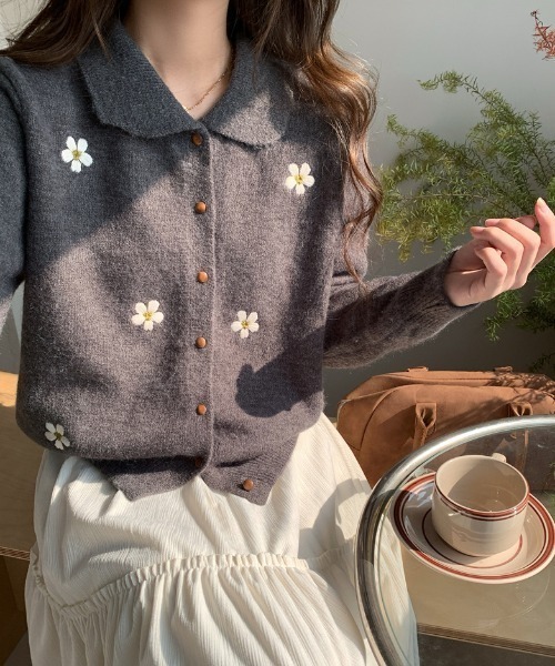 セール】ポロ襟フラワー刺繍ニットカーディガン（カーディガン/ボレロ
