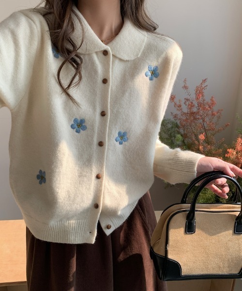 セール】ポロ襟フラワー刺繍ニットカーディガン（カーディガン/ボレロ