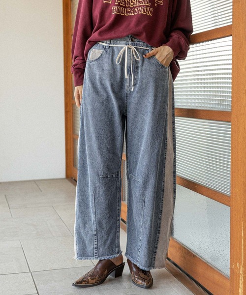 niko and...(ニコアンド)の「【一部店舗限定カラーあり】リメイク風コンビバレルパンツ(デニムパンツ・レディース・ブラック/アクア/ライトグレー/インディゴブルー/ライトブルー・MEDIUM/LARGE)」の1枚目の写真