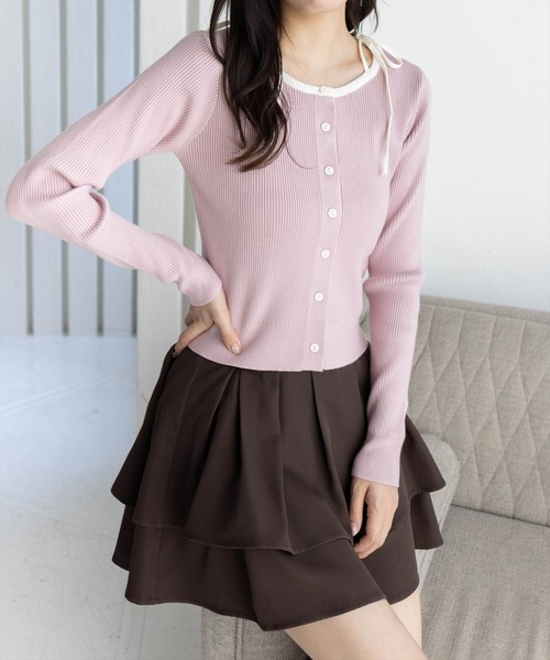 clear（クリア）の「肩リボン配色ニットカーディガン［大人 カジュアル 着回し力抜群］（カーディガン/ボレロ・レディース・アイボリー/ブラック/ピンク/ベージュ/グレー・F）」の5枚目の写真