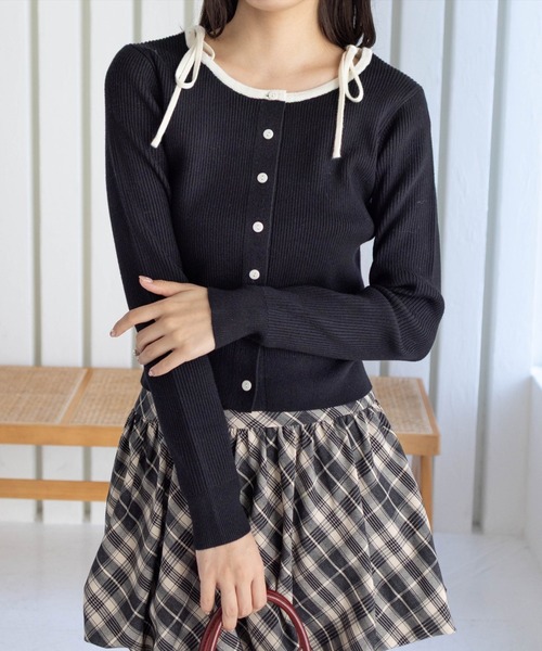 セール】肩リボン配色ニットカーディガン［大人 カジュアル 着