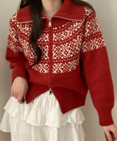 SHEENA(シーナ)の「ノルディック柄ダブルジップニットトップス(ニット/セーター・レディース・グレー/アイボリー/ネイビー/レッド・M)」の4枚目の写真