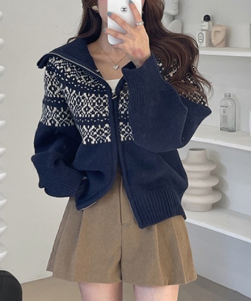 SHEENA(シーナ)の「ノルディック柄ダブルジップニットトップス(ニット/セーター・レディース・グレー/アイボリー/ネイビー/レッド・M)」の21枚目の写真