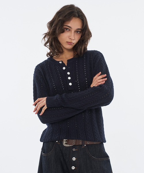 セール】SILVER BUTTON CABLE HENRY NECK KNIT LONG SLEEVE / シルバー