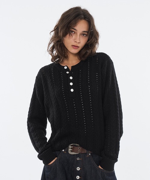 セール】SILVER BUTTON CABLE HENRY NECK KNIT LONG SLEEVE