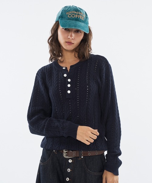 セール】SILVER BUTTON CABLE HENRY NECK KNIT LONG SLEEVE